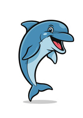 Naklejka premium A cartoon illustration of a blue dolphin mascot jumping. The dolphin has a cheerful expression with its mouth open, set against a white background. Ideal for children's designs and aquatic themes