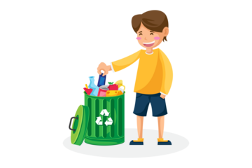 Smiling Boy in Yellow Shirt Tossing Plastic into Green Recycle Bin Overflowing with Waste on Transparent Background Vector Illustration Cartoon Style
