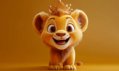 3D cartoon lion cub standing on two legs with a big smile, wearing a tiny crown, cheerful and regal