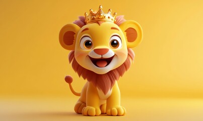 3D cartoon lion cub standing on two legs with a big smile, wearing a tiny crown, cheerful and regal