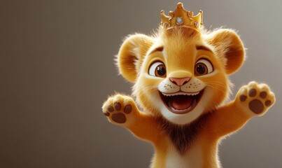 3D cartoon lion cub standing on two legs with a big smile, wearing a tiny crown, cheerful and regal
