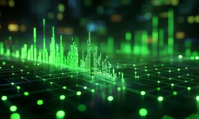 Green stock chart climbing over a futuristic grid, representing economic recovery, 3D illustration