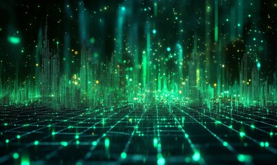 Green stock chart climbing over a futuristic grid, representing economic recovery, 3D illustration