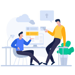 Two Men in Blue and Yellow Talking About Web Design with Computer Screen Cloud Icon Lock Icon and Green Plant on Transparent Background