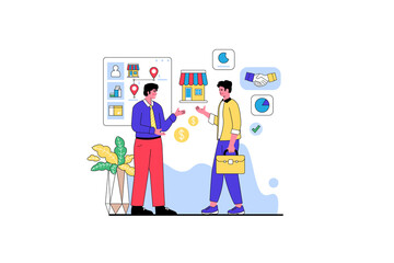 Trademark Transfer Flat Vector Illustration of Two Men Exchanging Money in Front of Storefront on Transparent Background