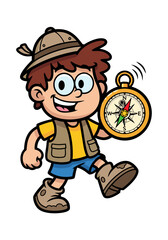 Naklejka premium Cartoon image of an explorer boy holding a compass. He wears a khaki hat, vest, and blue shorts, set against a clean white background. Ideal for adventure and travel themes