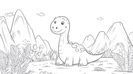 Cute dinosaur coloring page, mountain landscape