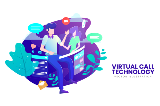 Virtual Call Technology Vector Illustration on Transparent Background Featuring Abstract Figures Blue Plants and Chat Bubbles Vibrant Design Communication Concept