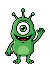 Obraz premium A cheerful cartoon illustration of a green one-eyed alien mascot waving, designed in a flat vector style. The character features a friendly expression and a simple, appealing design ideal for various