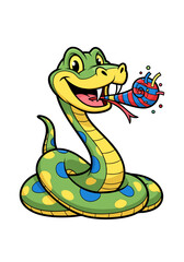 Fototapeta premium A cartoon vector of a cheerful green snake with blue spots and a yellow belly holding a party favor against a white background, perfect for celebratory or playful designs. The pixel art style adds a
