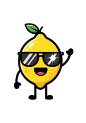 A cute cartoon lemon character with sunglasses, black arms and legs on a white background. It is a cheerful citrus icon and vector illustration