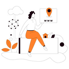 Website Graphic with Location Pin Woman in Orange Pants Holding Site Address on Transparent Background