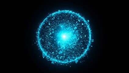 A glowing blue energy ring surrounded by sparkling particles and radiant light bursts in a digital space, creating a futuristic visual effect perfect for tech, science fiction, abstract design themes.