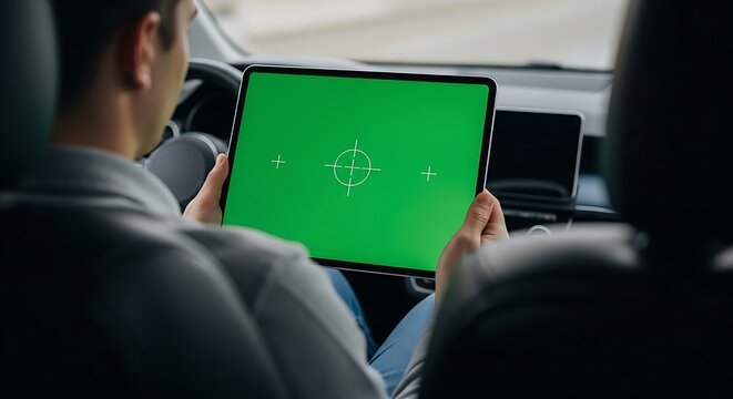 Man holding a tablet with a green screen inside a car, focusing on the device.