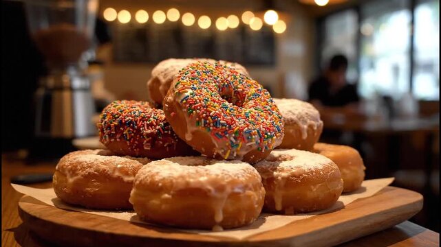 Assorted Donuts on Wooden Tray in Cafe