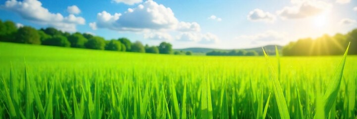 Sunlit Green Field Vibrant Summer Landscape, Perfect for Nature, Spring, and Environmental Projects. High-resolution image ideal for website banners, brochures, and publications.