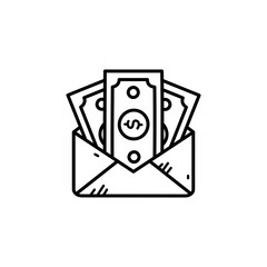 Envelope Overflowing with Dollar Bills in Black and White Line Art on a Transparent Background