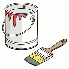 A white paint can with red paint dripping down the side next to a paintbrush with yellow bristles and a brown handle