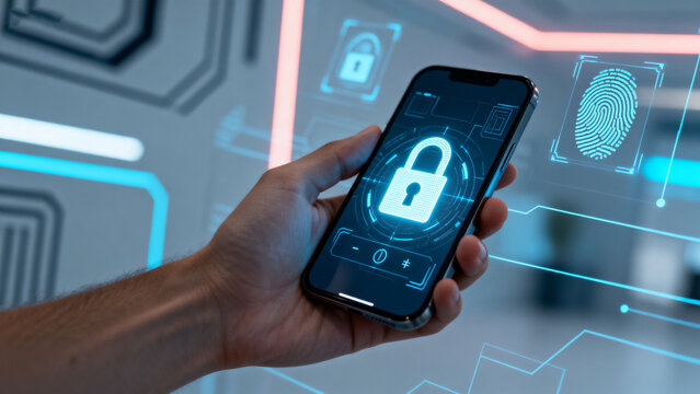 Hand holding smartphone with digital security interface