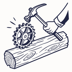Hand hammering a gear onto a wooden log in a stylized illustration representing construction or assembly
