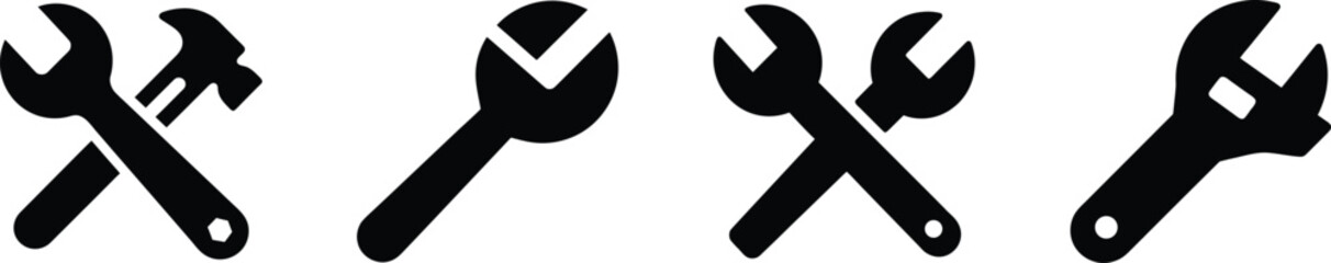 Set of four crossed wrench and hammer icons for tools and repair vector