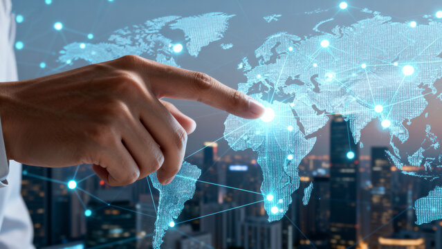 Hand interacting with digital world map