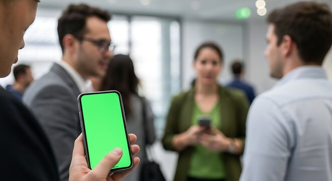 Close-up of a person holding a smartphone with a green screen at a busy networking event with other attendees in the background.