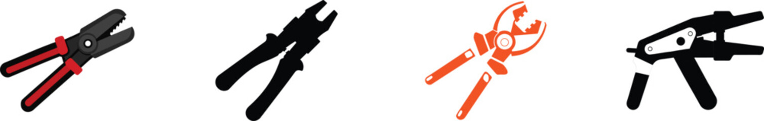 Set of four black crimping tools and pliers for electrical work vector