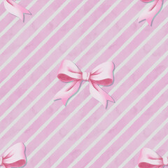 Watercolor seamless background of thick diagonal pink and white stripes in soft tone with bow