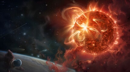 The Sun or a massive star with intense magnetic plasma flares and coronal mass ejections, seen from an orbiting planet/moon.