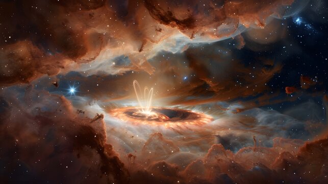 Artistic depiction of a protostar or Sun forming from a collapsing molecular cloud/nebula, with accretion disk and jets in vast space.