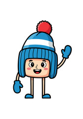 Cartoon mascot features a cute character with a blue and white striped winter hat adorned with a red pom pom, matching mittens and a friendly wave, isolated on a white background