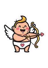 Fototapeta premium A cartoon vector illustration of a cheerful cupid character with blonde hair, wings, and a heart on its diaper, holding a bow and arrow against a bright white backdrop