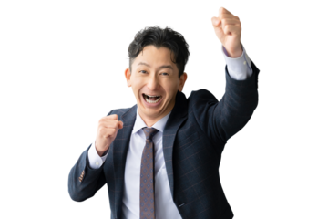 ガッツポーズをする男性ビジネスマン（背景透過PNG）