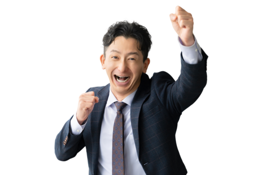 ガッツポーズをする男性ビジネスマン（背景透過PNG）