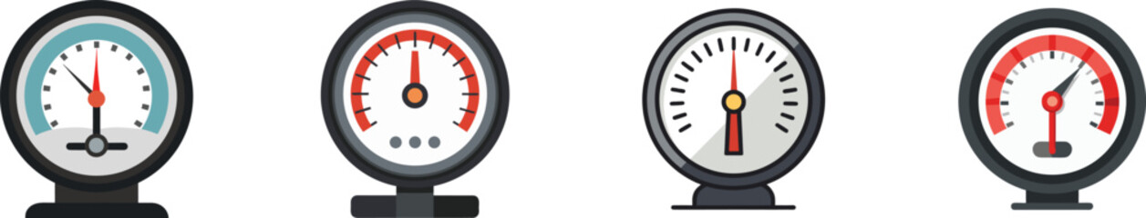 Set of four diverse manometer dials measuring pressure levels industrial equipment vector