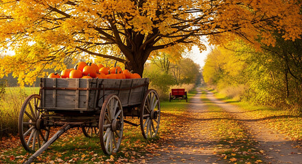 Autumn Harvest: Pumpkins in a Wagon on a Leafy Lane