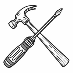 Stylized illustration of a claw hammer and a screwdriver crossed over a white background