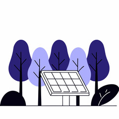 Stylized illustration of a solar panel in a forest setting with purple and blue trees and foliage