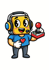 Fototapeta premium Cheerful cartoon gamer mascot featuring a yellow box head wearing gray headphones, holding a joystick on a white background. The character wears a blue shirt with a red heart and gray pants in a flat
