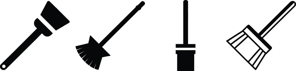 Collection of four stylized cleaning tools for home and janitorial services vector
