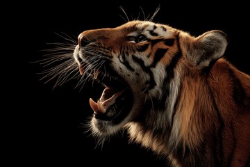 Magnificent Tiger Roaring Against a Black Backdrop, Fierce and Powerful