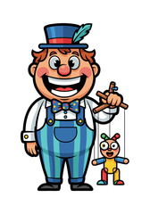 A cheerful cartoon man in striped overalls and a top hat is holding a puppet. The puppet show is isolated on a white background. Vector illustration, cheerful and playful design
