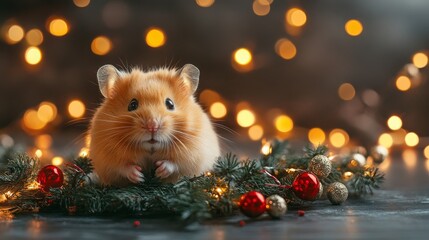 Golden hamster sitting on pine branches with red ornaments and bokeh lights, perfect for holiday pet greeting cards, seasonal blog headers, or Christmas event announcements