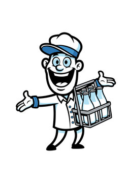 A cheerful cartoon milkman mascot holds a crate of milk bottles. The vector illustration features a man in a white uniform and hat, smiling widely. The design uses blue accents and is set against a