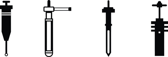Set of four plumbing tools icons pipe reamer drill bits and syringe tools vector