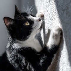 Black and white cat with yellow eyes scratching a textured wall