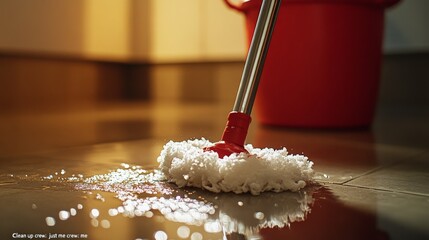White mop cleaning a wet, glossy floor with a red bucket in the background, ideal for cleaning product advertisements, home improvement blogs, or housekeeping service websites