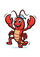 A cheerful cartoon illustration features a red lobster mascot wearing a sailor hat and dancing on a clean white background. This fun vector graphic is perfect for various creative projects