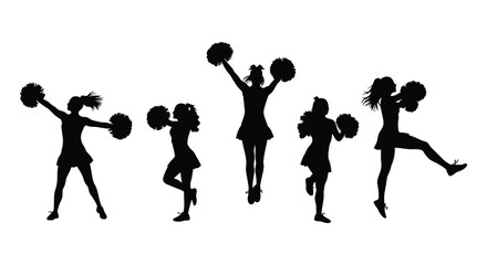 Dynamic silhouettes of five cheerleaders in action posing with pom-poms capturing athleticism and spirit